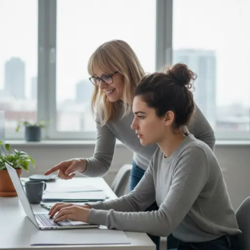 Two young adults, a man and a woman, looking at a laptop covered with various stickers while sitting in a modern office.