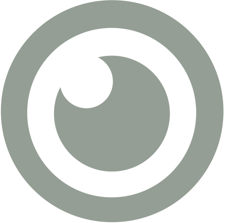 White circular swirl design on a gray-green circular background.