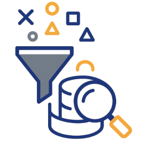 Icon of a funnel filtering various shapes into a database with a magnifying glass in front.