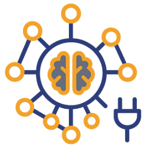 Icon of a brain connected to multiple nodes with a power plug symbol, representing artificial intelligence or neural networks.