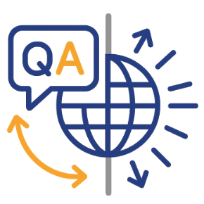 Icon depicting global communication with a globe, arrows, and a speech bubble containing 'QA'.