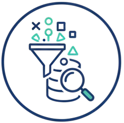 Icon of a funnel filtering shapes into a container with a magnifying glass, representing data filtering and analysis.
