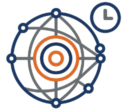 Abstract globe with interconnected nodes and a clock symbol, representing global network and time.