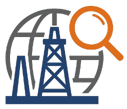 Icon of a blue oil rig with a globe in the background and an orange magnifying glass.