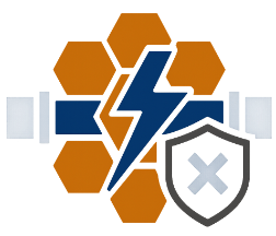 Icon showing a lightning bolt over an orange hexagonal pattern with a shield and a crossed-out symbol representing utilities protection or outage.