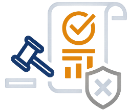 Icon showing a gavel, a document with a checkmark, and a shield with an X mark.
