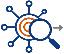 Magnifying glass inspecting interconnected nodes with an arrow pointing right.
