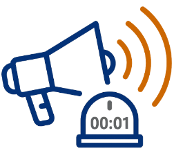 Megaphone emitting sound waves next to a timer showing 00:01.