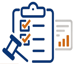 Clipboard with two checked checkboxes, a gavel, and a small bar chart in orange and gray.
