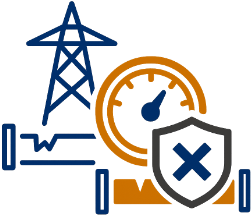 Icon depicting an energy transmission tower, a pressure gauge, a section of pipeline, and a shield with an X symbol indicating protection or restriction.