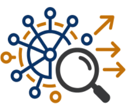 Magnifying glass over a network of connected nodes with arrows pointing outward, symbolizing analysis and data flow.