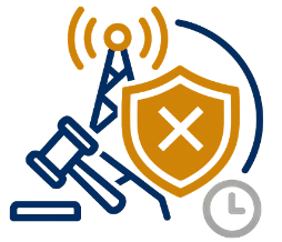 Icon showing a gavel, a radio tower emitting signals, a shield with an X symbol, and a small clock, representing telecom legal or security issues.