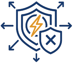 Two overlapping shields, one with a yellow lightning bolt and the other with an X, surrounded by outward pointing arrows.