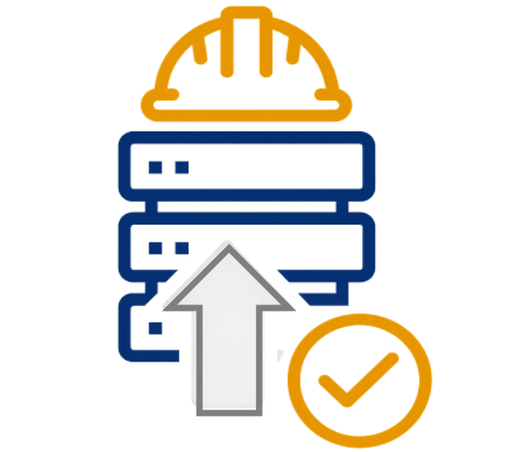 Icon of a stack of blue server racks with an orange hard hat on top, a gray upward arrow in front, and an orange checkmark inside a circle to the side.