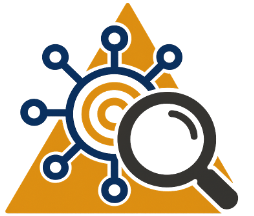 Magnifying glass inspecting a network or target symbol over an orange triangle background.