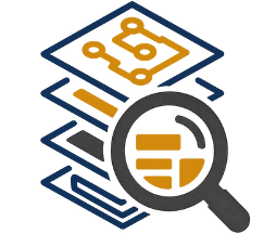 Magnifying glass over layered circuit board icon representing detailed inspection or analysis in technology.