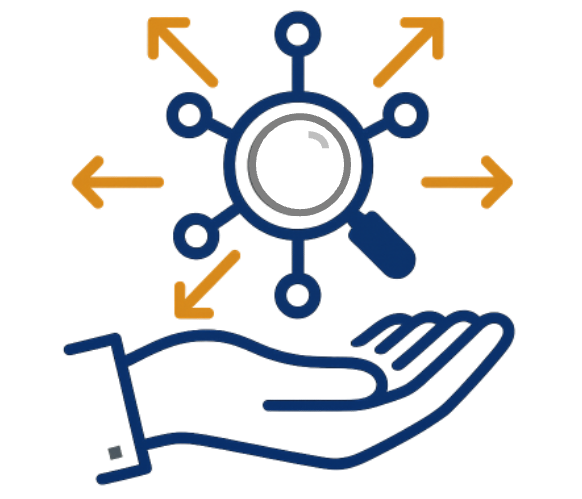 Illustration of an open hand beneath a magnifying glass connected to multiple nodes with arrows pointing outward in various directions.