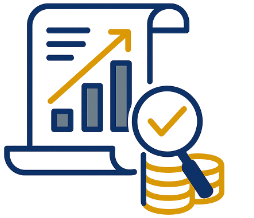 Icon showing a document with bar chart and upward arrow, a magnifying glass with a checkmark over stacked coins symbolizing financial audit or growth.