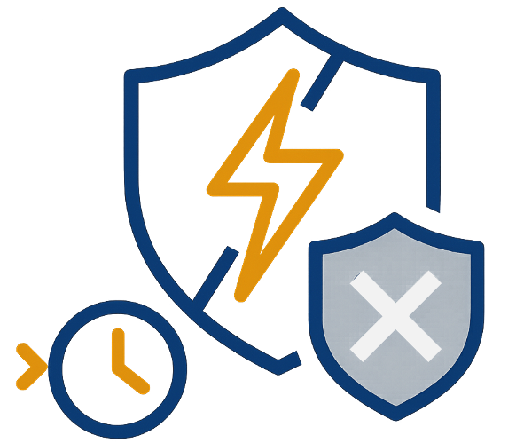 Two shields with symbols: one cracked with a lightning bolt and one with an X, next to a clock with an arrow.