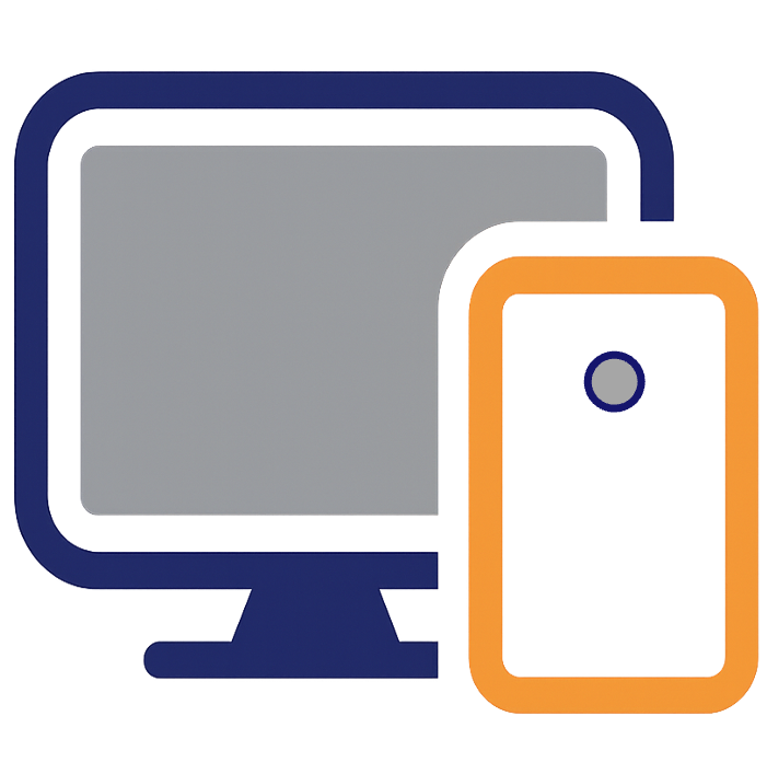 Graphic icon of a desktop computer monitor and a smartphone overlapping on the right.