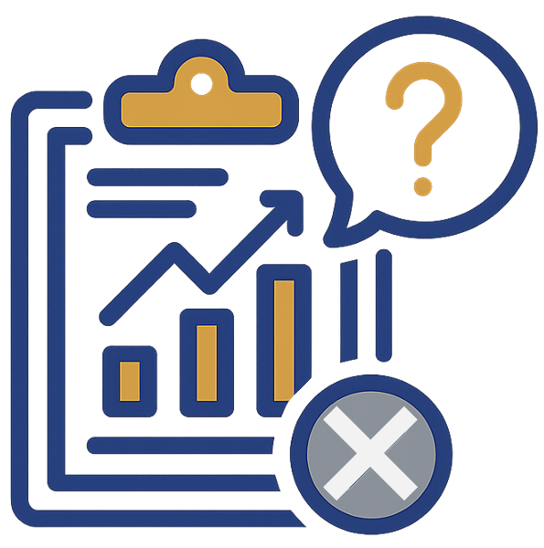 Clipboard with a rising bar chart, a speech bubble containing a question mark, and a circle with an X symbol indicating uncertainty or error in data analysis.