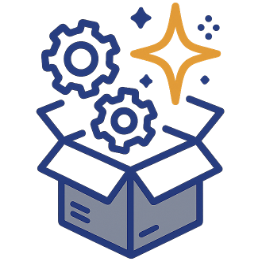 Open box with two blue gears and an orange sparkle above it, symbolizing innovation or creative solutions.