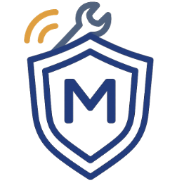 Shield with letter M, a wrench on top, and two curved orange lines indicating wireless signals.