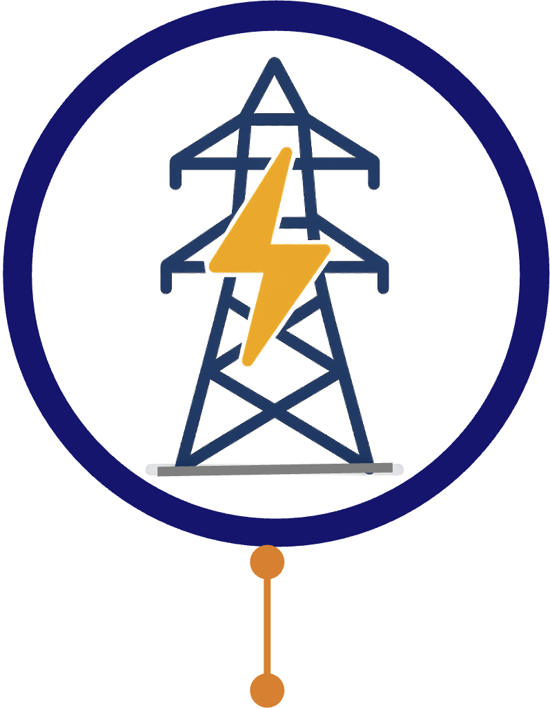 Blue electrical transmission tower with a yellow lightning bolt symbol in the center, inside a white circle with a dark blue border.