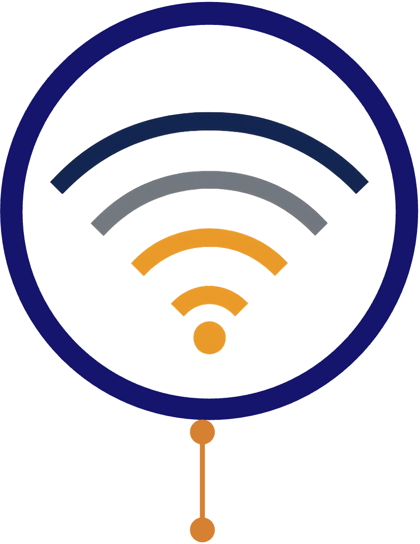 WiFi signal icon with three curved lines in blue, gray, and orange inside a blue circle with an orange pull tab at the bottom.