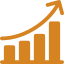 Orange bar chart with upward trending arrow indicating growth.