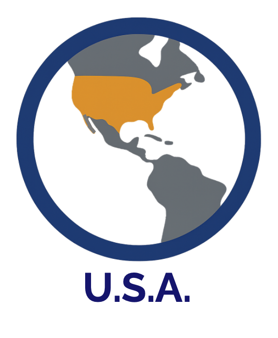 Graphic of the Americas with the United States highlighted in orange inside a blue circular border, labeled U.S.A. below.