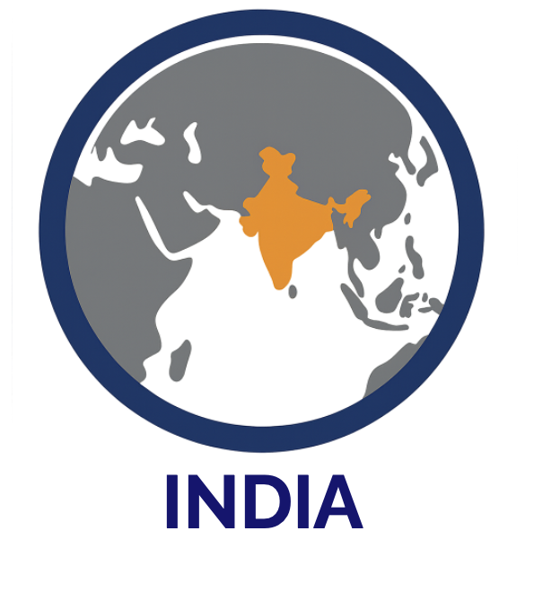 Map of Asia highlighting India in orange with a blue circular border and the word 'INDIA' below.