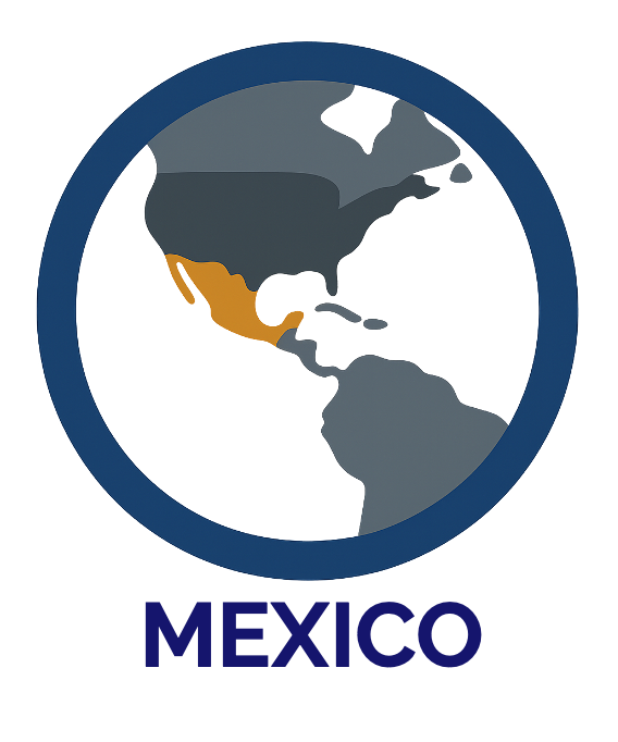 Stylized globe focusing on North and Central America with Mexico highlighted in orange inside a blue circle, with the word 'MEXICO' below.