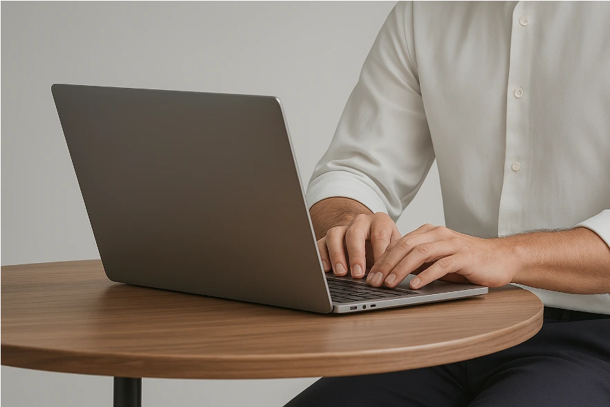 Person typing on a laptop placed on a round wooden table, wearing a light-colored long sleeve shirt.