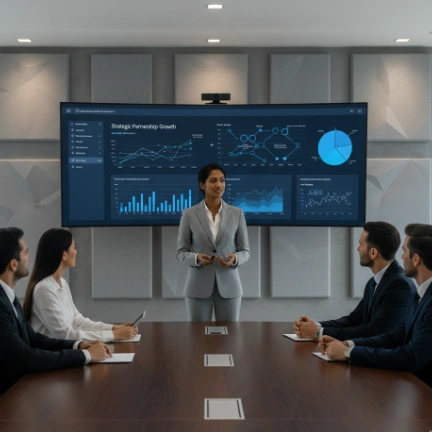 Businesswoman presenting strategic partnership growth charts to four colleagues in a conference room.