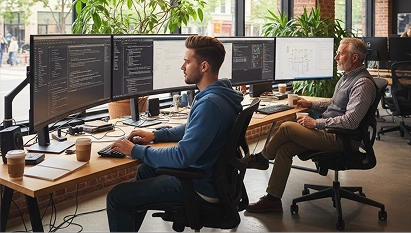 Two software developers seated at a shared desk with five widescreen monitors displaying code and diagrams, one younger man typing and an older man holding a coffee mug.