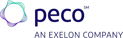 PECO logo with gradient star-like symbol and text 'peco' followed by 'AN EXELON COMPANY'.