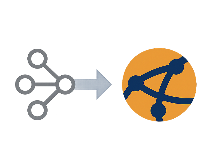 Abstract 3D sculpture with spiraling blue and orange elements representing 'hybrid environments,' 'critical networks,' and 'comprehensive enterprise software,' with the year 2004 at the base.