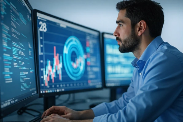 Rows of server racks with illuminated network cables and status lights in a modern data center corridor.