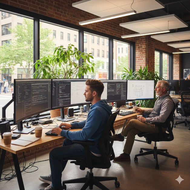 Two software developers seated at a shared desk with five widescreen monitors displaying code and diagrams, one younger man typing and an older man holding a coffee mug.