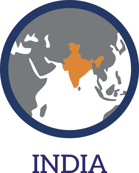 Map of Asia highlighting India in orange with a blue circular border and the word 'INDIA' below.