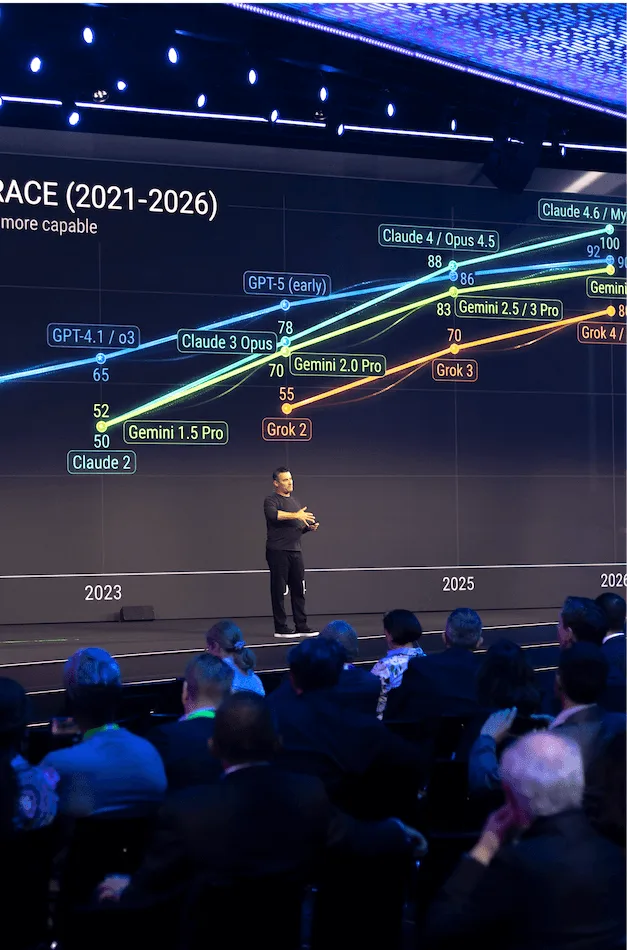 Matt Britton delivering an AI keynote on stage in front of a packed audience