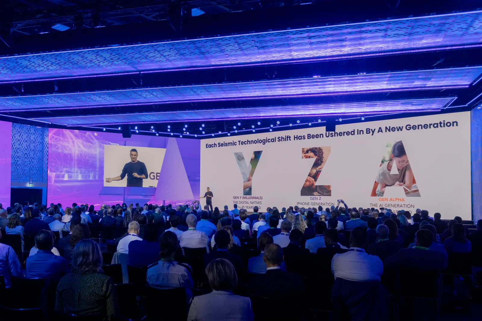 Matt Britton delivering a keynote on Gen Y, Gen Z, and Gen Alpha to a full conference audience