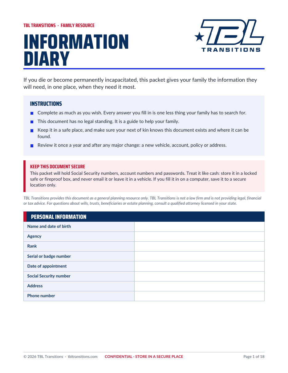 Cover of the TBL Information Diary