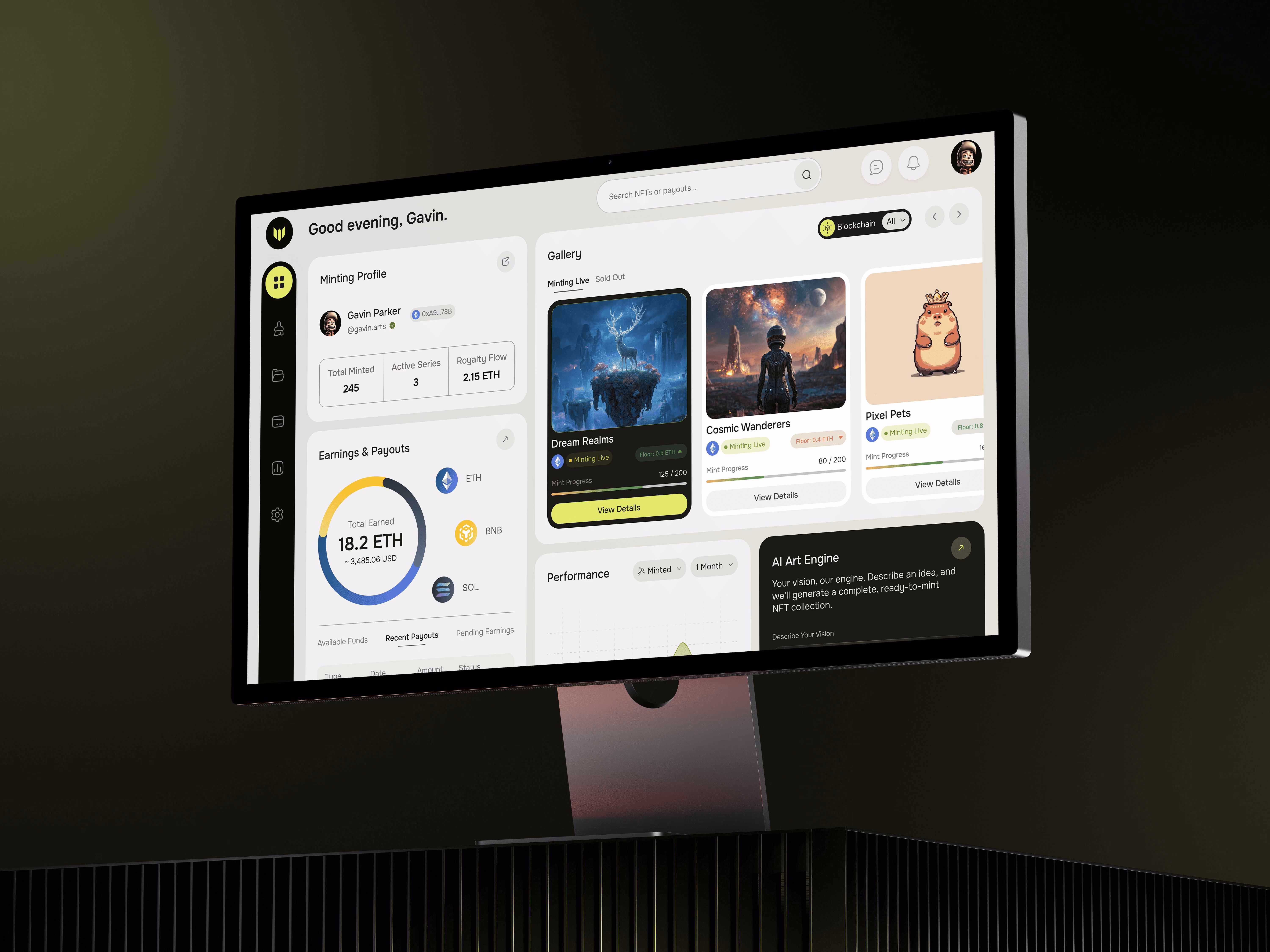 Computer screen showing a digital art NFT dashboard with earnings, gallery, and AI art engine sections.