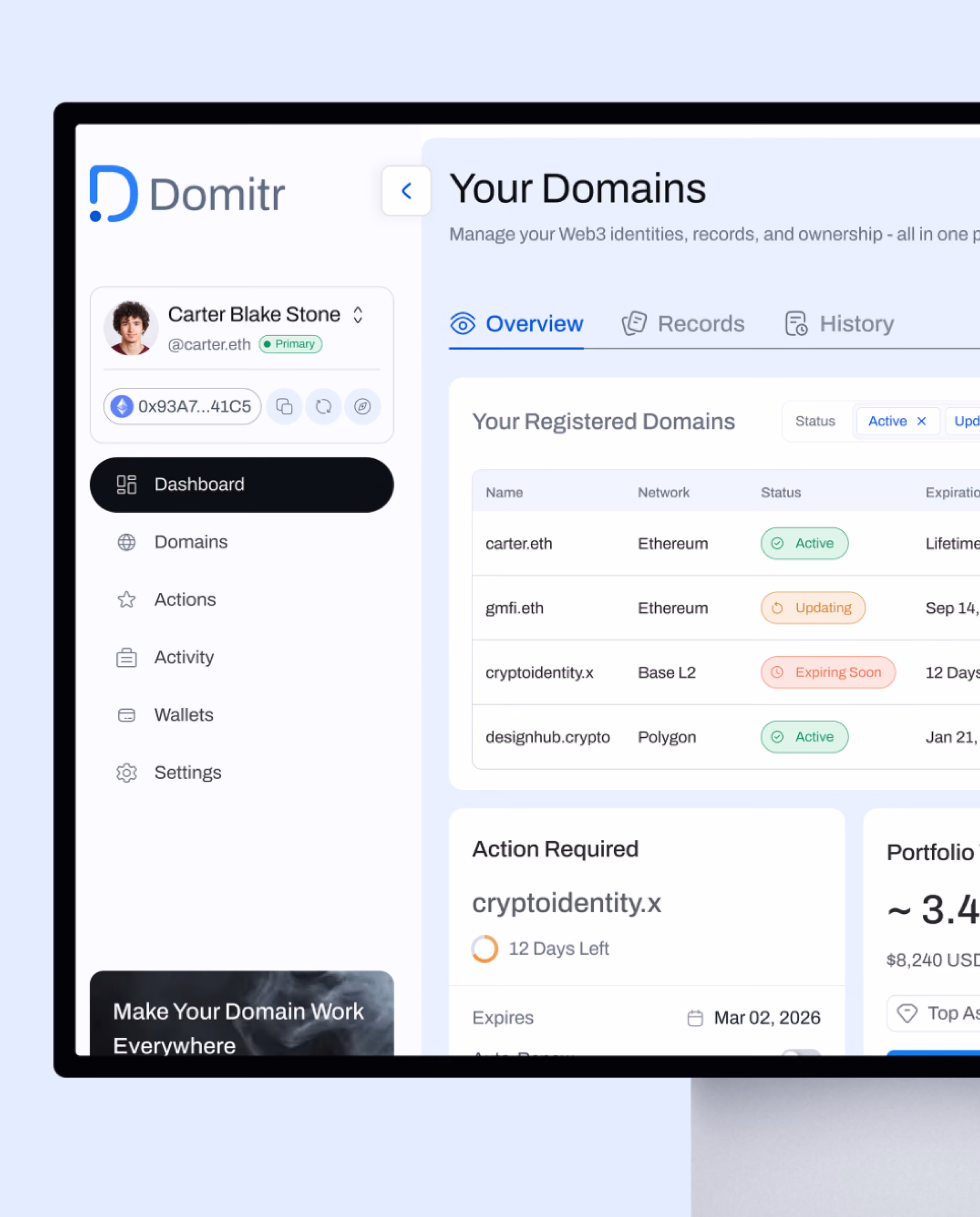 Domain management dashboard showing user domains, status, expiration, and required actions for Web3 identities.