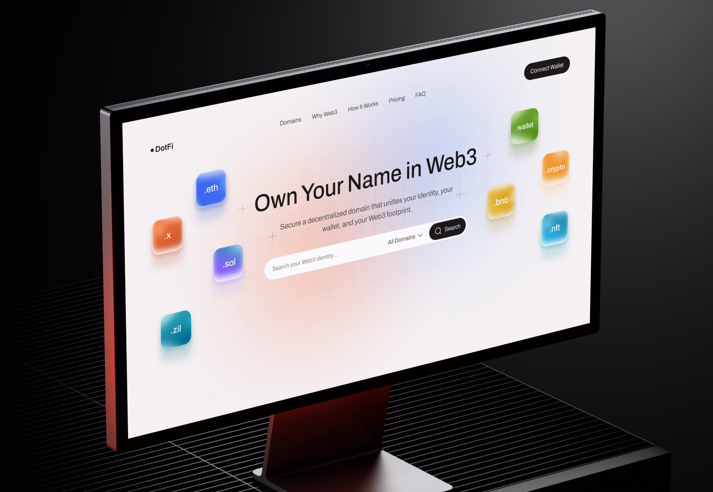 Computer screen showing a Web3 domain site with search bar and domain extensions like .eth, .sol, .wallet