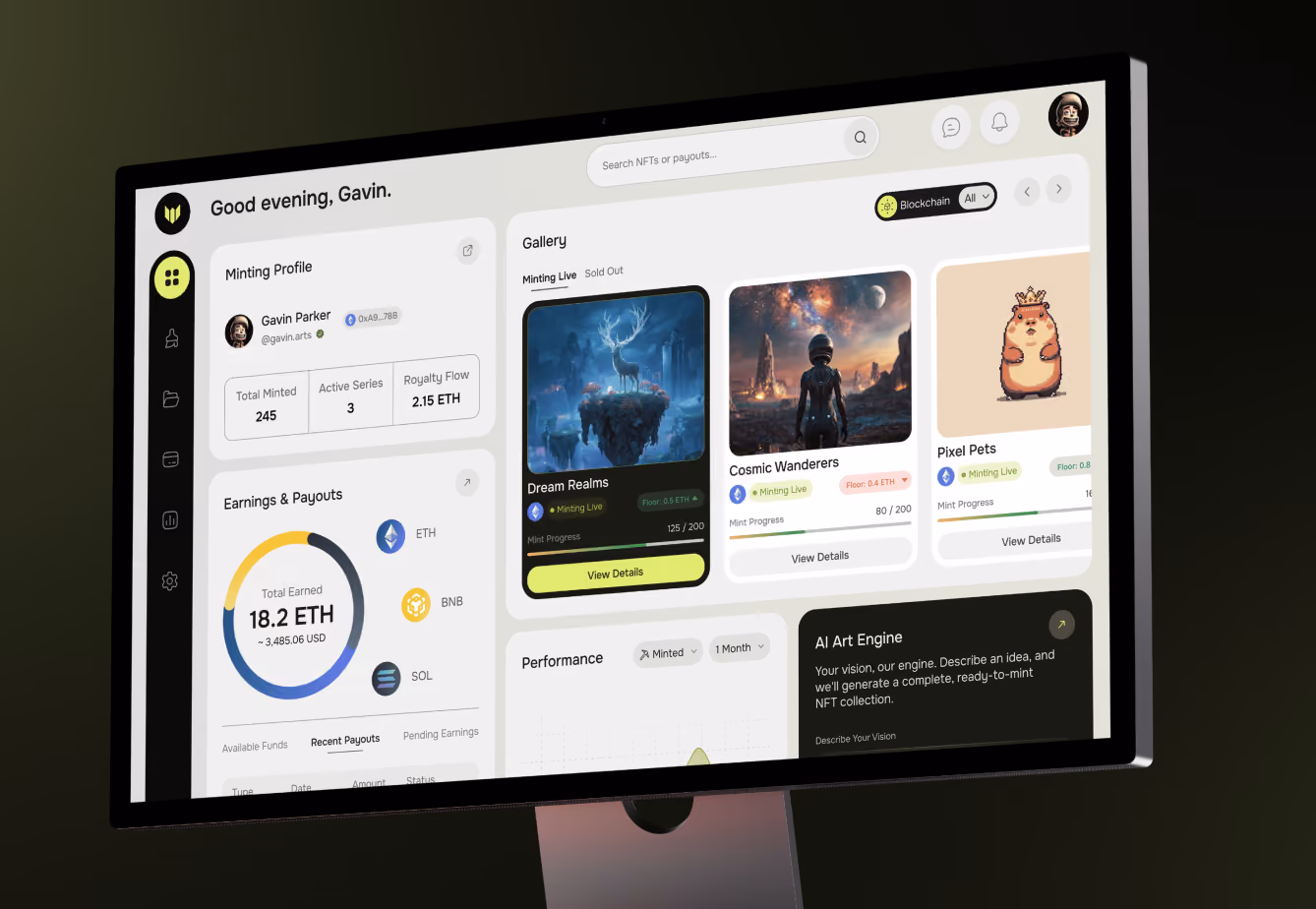 NFT dashboard showing user profile, earnings in ETH, gallery of digital art, and AI art engine section.