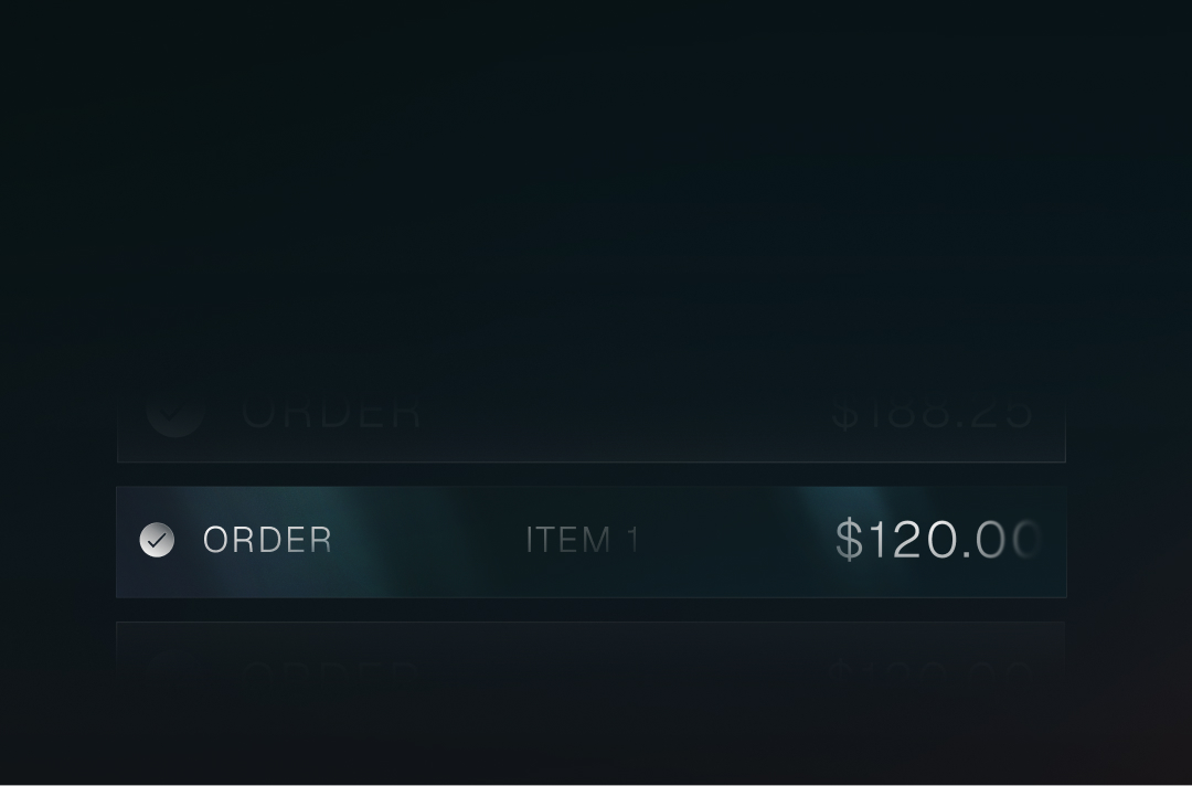 Dark interface showing an order item labeled 'ITEM 1' with a price of $120.00 and a selected checkbox.