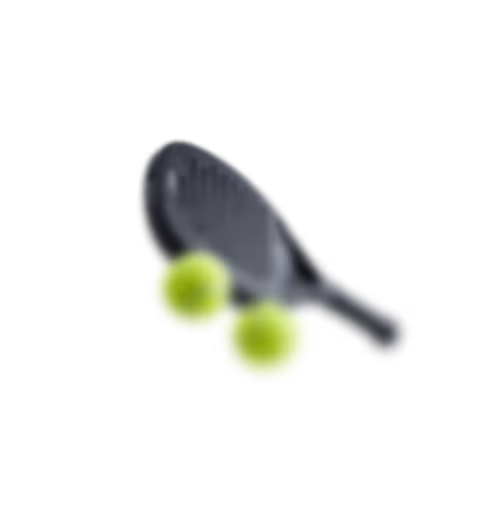 Black tennis racket with two green tennis balls.
